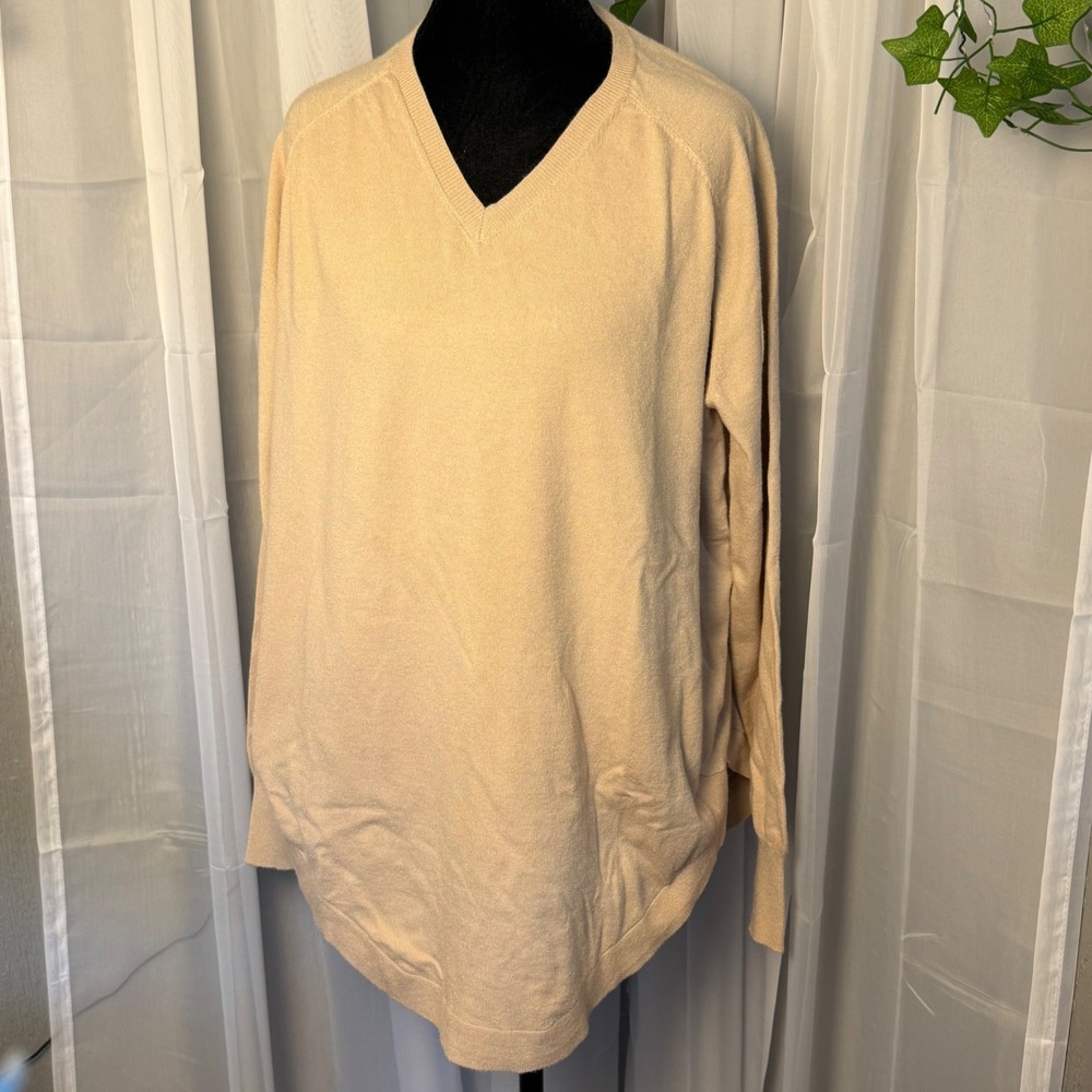 Joh Cashmere Womens Tan Beige V-Neck Curved Hem Sweater With Cashmere Blend M - Picture 2 of 6
